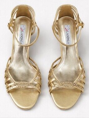 Lasonia Gold Rhinestone Strappy Heeled Sandals Size 8